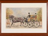 painting of a horse pulling a carriage with a man in a top hat