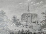 drawing of a church with a steeple and a steeple on the top of it