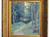 un tableau représentant un sentier dans les bois, avec des arbres et de l'herbe