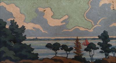 une peinture représentant un voilier sur l'eau avec des arbres au premier plan