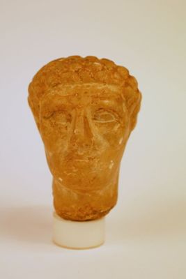 une statue représentant la tête d'un homme posée sur un socle blanc
