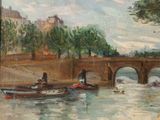 a painting of boats on the water with a bridge in the background