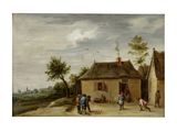 une image représentant un tableau d'un village avec des personnages et des animaux au premier plan