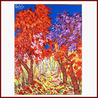 une peinture représentant une peinture d'un sentier bordé d'arbres en automne
