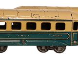 a green and yellow train car on a white background