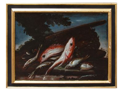 tableau représentant un groupe de poissons sur un rocher, avec un arbre en arrière-plan