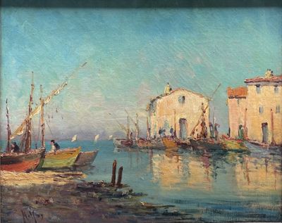 painting of a harbor scene with boats in the water and buildings in the background