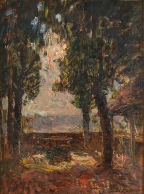 an oil painting of trees and a bench in a park