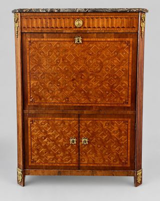 an antique wooden cabinet with marble top and drawers