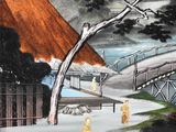 a picture of a painting of a house and a bridge