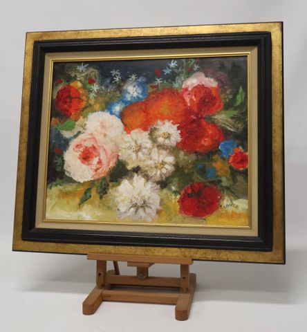 Any CRISS (née le 1945) « Composition florale ». Huile sur carton...