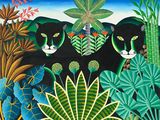 an image of a painting of two black cats in a jungle
