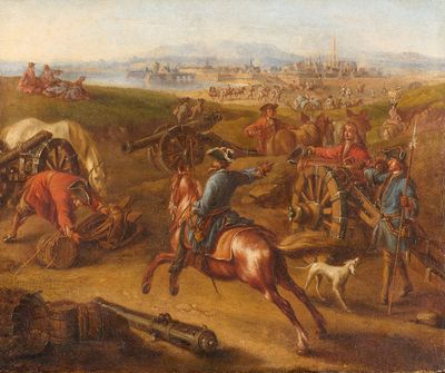 une image représentant un tableau où l'on voit des hommes à cheval et un chien dans un champ