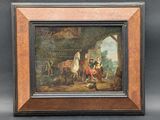 an old painting of a man and woman with horses in a stable