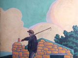 peinture d'un homme debout devant un bâtiment en briques avec un club de golf au premier plan