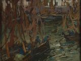 an oil painting of a harbor scene with boats in the water and buildings in the background