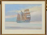 framed oil painting of a sailing ship in a calm sea
