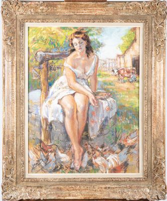 an image of a painting of a woman sitting on a bench