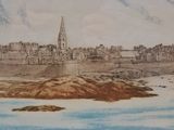 painting of a view of a city with a castle in the background