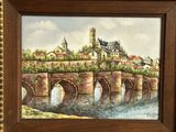 painting of a bridge over a river with a castle in the background
