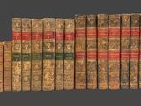 plusieurs vieux livres sont alignés sur une surface grise