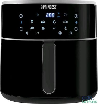 a close up of a black air fryer on a white background