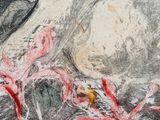 drawing of a woman sitting on a couch with flowers in front of her