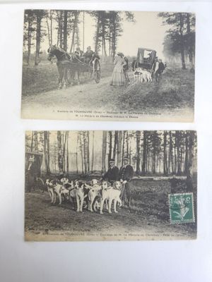 two old black and white photos of horses pulling a cart with people