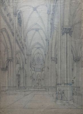 dessin représentant l'intérieur d'une cathédrale avec des colonnes et des arcs