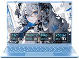 a blue laptop with a picture of a girl on the screen