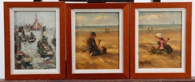 three framed paintings of people on a beach with a boat in the background