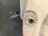 a close up of a painting of a woman ' s face