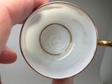 a person holding a white cup with a gold rim