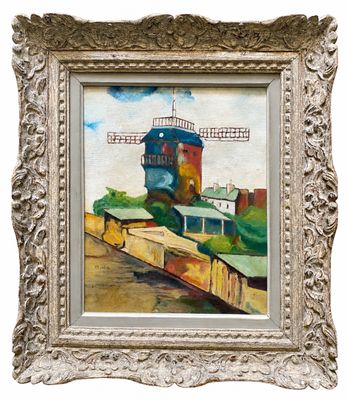 an oil painting of a train passing by a building on the tracks