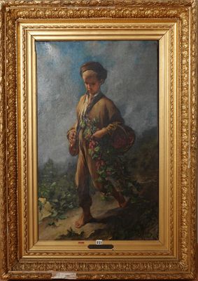 a painting of a man with a basket of flowers in his hand
