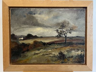 an oil painting of a landscape with a lone tree in the foreground