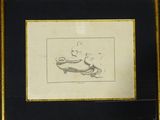framed picture of a drawing of a man and a woman on a boat