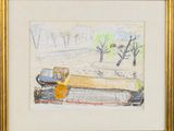 painting of a truck with a trailer in the foreground and trees in the background