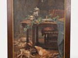 une peinture à l'huile représentant un chien allongé par terre à côté d'une table sur laquelle se trouve une bouteille de vin