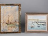 deux tableaux encadrés représentant des bateaux dans un port et un tableau représentant un voilier