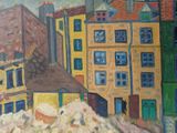 a painting of a city with a lot of snow on the ground