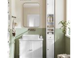 a picture of a bathroom with a white vanity and a mirror