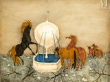 painting of a fountain with horses running around it in a field