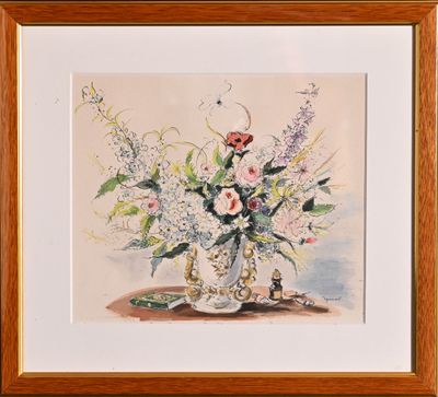 aquarelle encadrée représentant un vase de fleurs posé sur une table