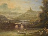 a painting of a river with a bridge in the background