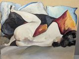 a painting of a dog laying on a pillow