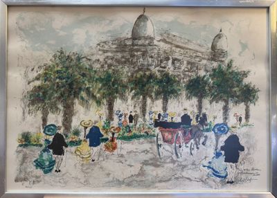a painting of a horse drawn carriage in front of a building