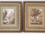 deux dessins encadrés représentant un paysage avec des arbres et une rivière