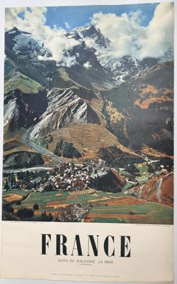 an old travel poster of france with mountains in the background