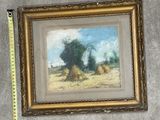 an oil painting of a field with hay bales and trees